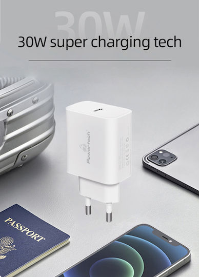 Powertech Φορτιστής Χωρίς Καλώδιο με Θύρα USB-C 30W Power Delivery / Quick Charge 3.0 Λευκός 