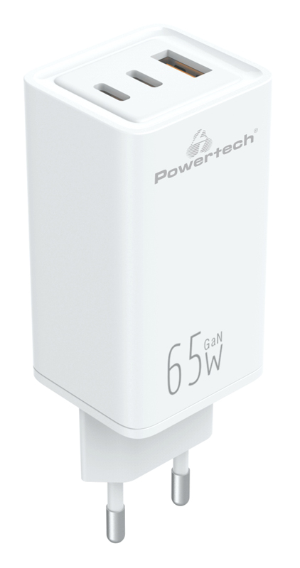 Φορτιστής  Τοίχου PT-1094 USB & 2xUSB-C 65W GAN Λευκός  Powertech